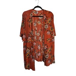 No Boundaries Womens XXL Floral Kimono Cardigan Rust Orange Boho Open Front Top